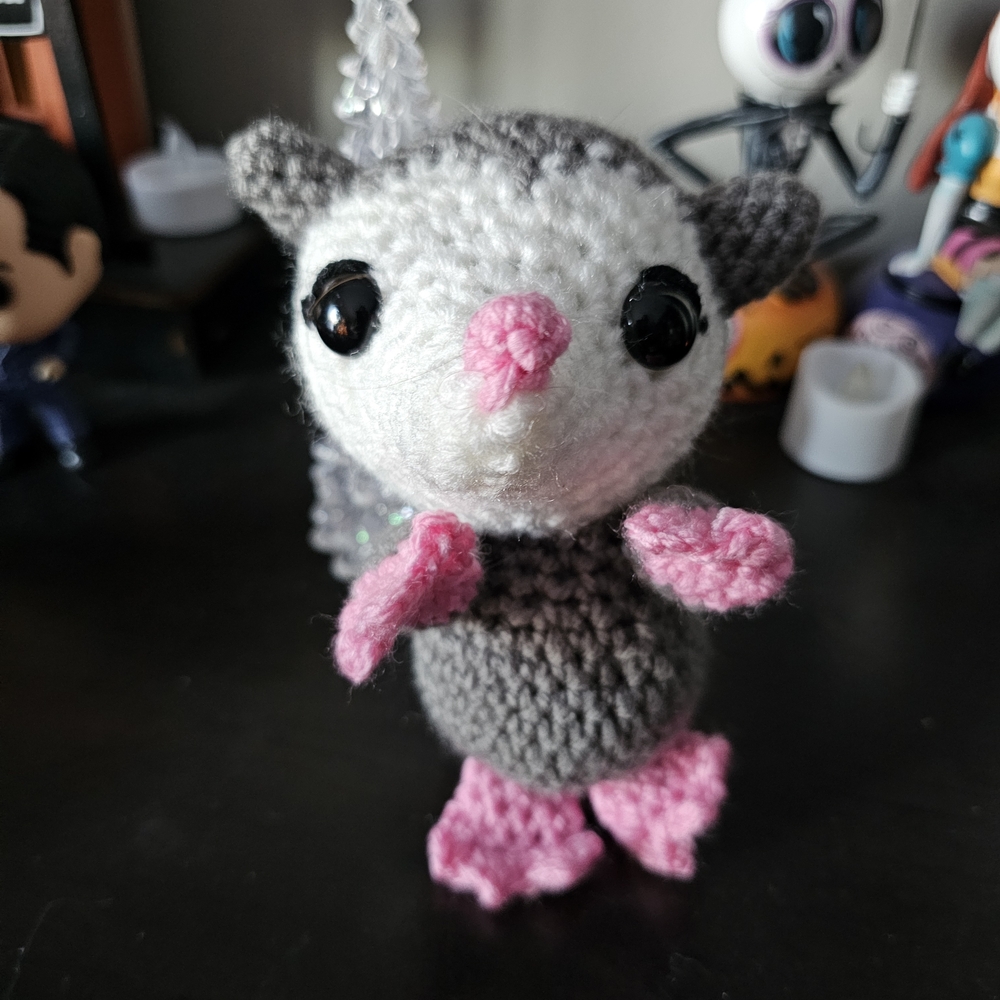 Handcrafted Crochet Opossum Toy - Pink and Gray